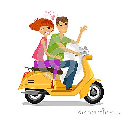 Happy couple riding moped or scooter. Travel, journey concept. Cartoon vector illustration Vector Illustration