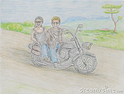 Happy Couple riding on motorbike Stock Photo