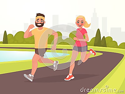 Happy couple running around in the park. Man and woman is engage Cartoon Illustration