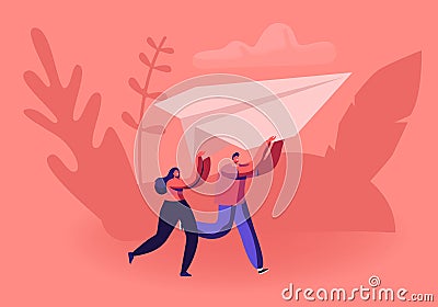 Happy Couple Running with Paper Airplane in Hands. Origami Hobby or Launching New Business Start Up Concept Vector Illustration