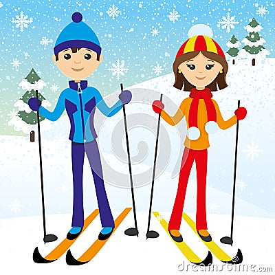 Happy couple skiing. Vector Illustration