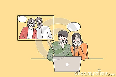 Happy couple talk on video call with parents Vector Illustration