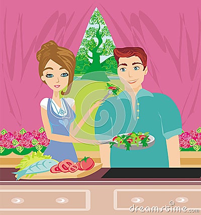 Happy couple tests food in the kitchen Vector Illustration