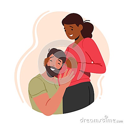 Happy Couple Waiting Baby. Young Husband Listening Heartbeating In Belly Of Pregnant Wife. Female Prepare For Motherhood Vector Illustration