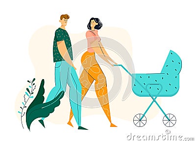 Happy Couple Walking in Park with Pram. Family Walk with Baby Stroller and Newborn. Mother and Father Characters Vector Illustration