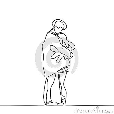 Happy couple warms in their arms under boys coat. Vector Illustration