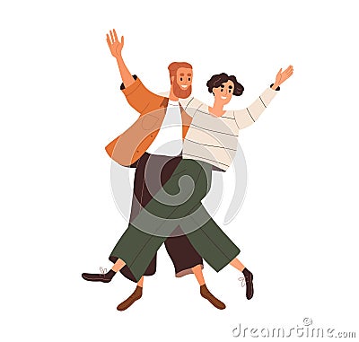Happy couple of young excited man and woman dancing, hugging, rejoicing. Fun and joy of positive energetic people Vector Illustration