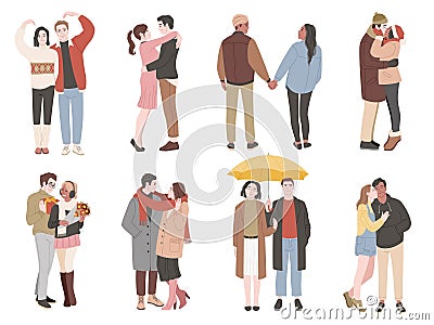 Happy couples in love. Romantic girls and guys in a relationship, people kissing and hugging, men and women lovers Vector Illustration