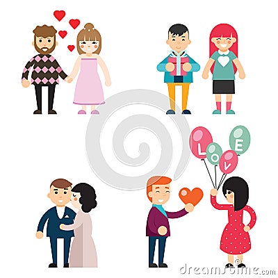 Happy couples in love Valentine Day men and women characters Concept Flat Design Vector Illustration Vector Illustration