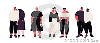 Happy couples standing together. Pairs of people in love hugging, lonely single woman, cartoon characters. Vector set Vector Illustration