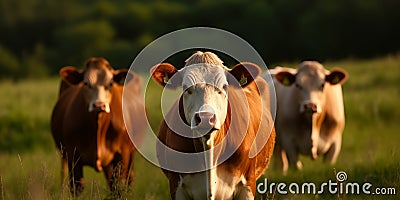 happy cows in the farm, bottles of milk in the factory, eco products. Generative AI Stock Photo