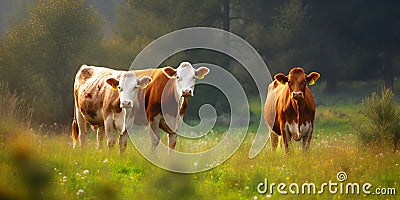 happy cows in the farm, bottles of milk in the factory. Generative AI Stock Photo