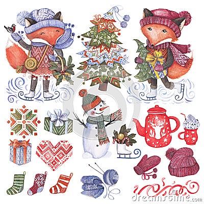 Happy Cozy Holidays. Set of watercolor illustrations Cartoon Illustration