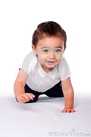 Happy crawling baby toddler Stock Photo