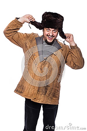 Happy crazy russian man laughing Stock Photo