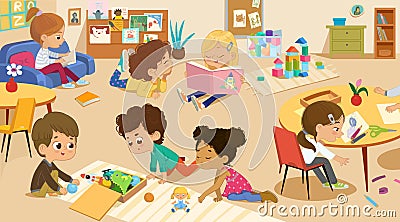 Happy creative kids play with educational toys painting cutting paper sketching reading play with toy blocks Vector Illustration