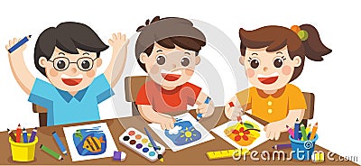 Happy creative kids playing, painting,sketching. Vector Illustration