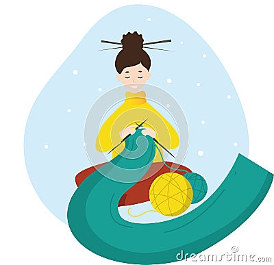 Happy creative woman knitting . Hobby courses or workshops for learning knitting. Stay home activity, quarantine concept. Flat Vector Illustration