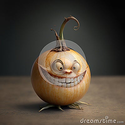 Happy creepy onion laughing on kitchen table Stock Photo