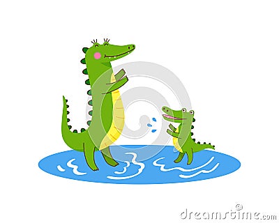 Happy crocodile mother plays with little son in the water. Cute alligators jumping and splashing in the blue river. Wild African Vector Illustration