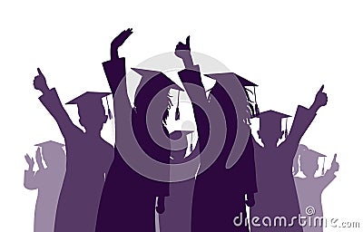 Happy crowd of graduates children in square academic caps. Cheerful people silhouette. Graduation ceremony. Vector illustration Vector Illustration