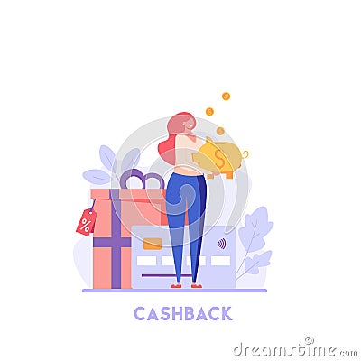 Happy customer holds piggy bank with coins. Cashback program with gifts. Concept of shopping, loyalty program, payment credit card Cartoon Illustration