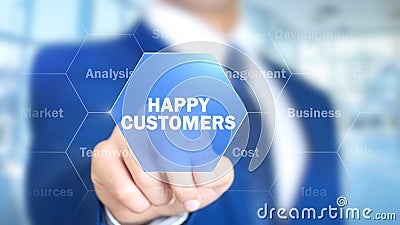 Happy Customers, Businessman working on holographic interface, Motion Graphics Stock Photo