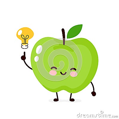 Happy cute apple with lightbulb character Vector Illustration