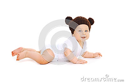 Happy cute baby in knitted hat with ears bears crawls on white Stock Photo
