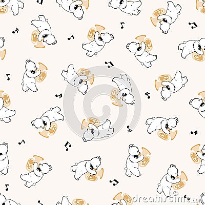 Happy Cute Bear Musician Trumpet Vector Graphic Seamless Pattern Vector Illustration