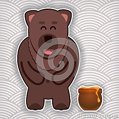 Happy cute bear with pot of honey Vector Illustration
