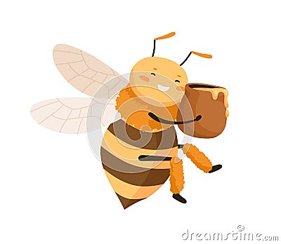 Happy cute bee holding and hugging clay pot with honey. Smiling adorable honeybee with sweet funny face. Childish Vector Illustration