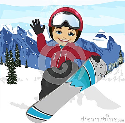 Happy cute boy jumping with snowboard at ski resort Vector Illustration