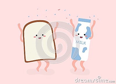 Happy Cute bread and milk cartoon hand drawn Vector Illustration