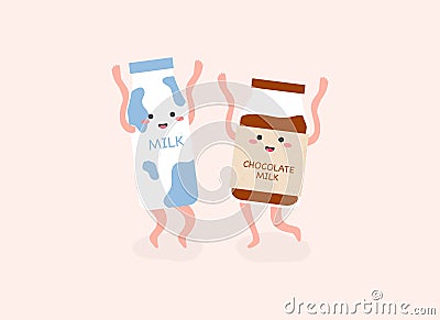 Happy Cute bread and milk cartoon hand drawn Vector Illustration