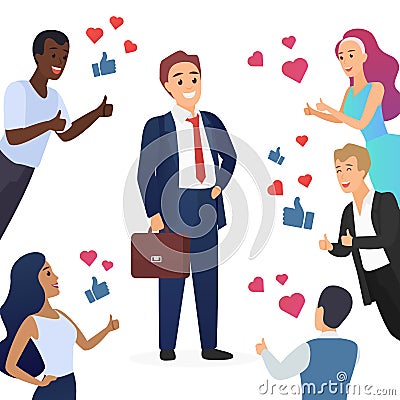 Happy cute businessman and people with thumbs up. Likes hearts and positive feedback from fans concept vector Vector Illustration