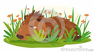 Happy, cute capybara sleeping in nature. Lazy capibara relaxing, chilling, lying on grass. Flat modern illustration Cartoon Illustration
