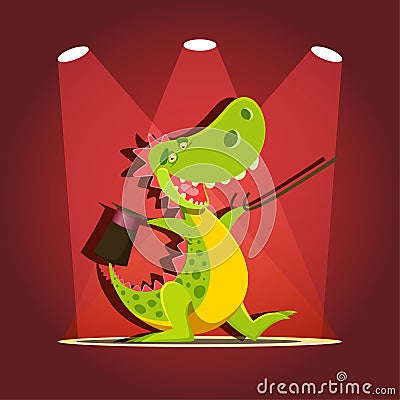 Happy cute cartoon dinosaur at the stage with spotlights Vector Illustration