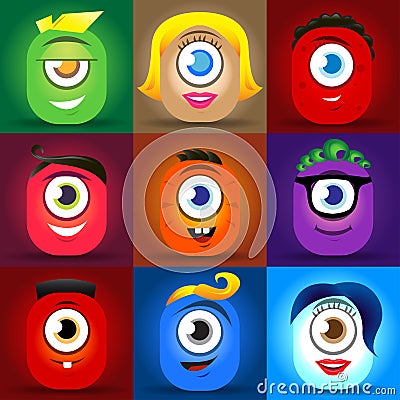 Happy cute cartoon monster faces vector set. cute square avatars and icons Vector Illustration