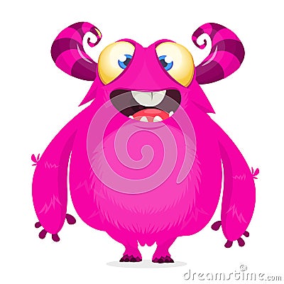 Happy cute cartoon monster. Halloween pink furry monster. Big collection of cute monsters Vector Illustration