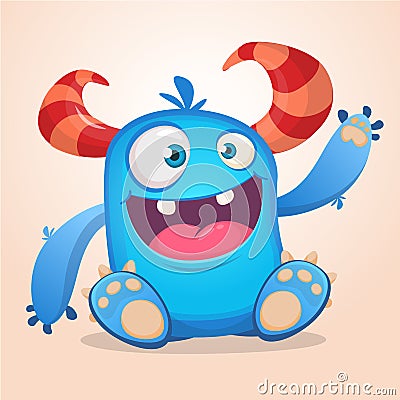 Happy cute cartoon monster. Halloween vector blue and horned monster sitting and waving Vector Illustration