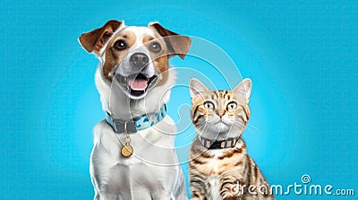 Happy Cute Cat And Dog With Collars On Blue Background. Generative AI Stock Photo