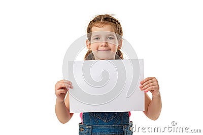 Happy cute child girl holding empty blank Stock Photo