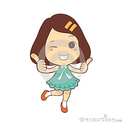 Happy cute child girl thumb up with two hand cartoon character Vector Illustration