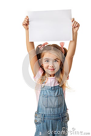 Happy cute child girl holding empty blank Stock Photo