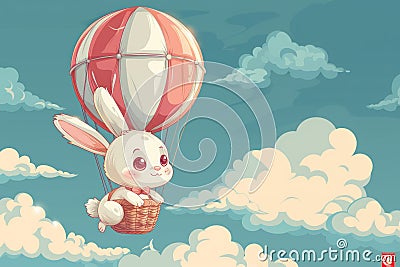Happy Cute easter bunny flies in a hot air balloon. AI generative Stock Photo