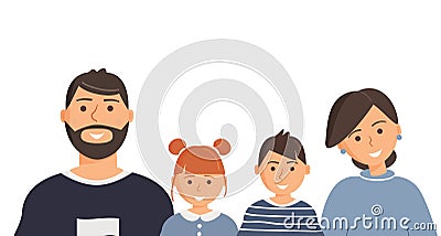 Happy cute family portrait of parents and kids: father, mother, son and daughter isolated on the white background. Family of four Vector Illustration