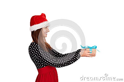 Happy cute girl in christmas gives gift. isolated on white background. holidays concept Stock Photo