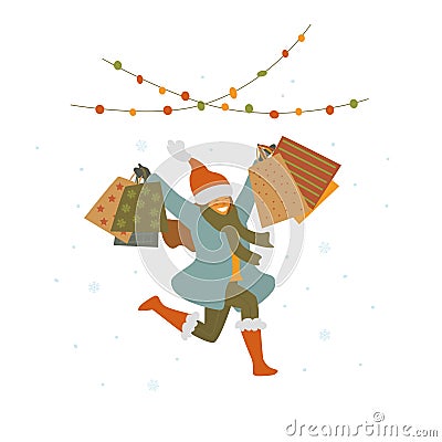 Happy cute girl jumping for joy with shopping bags, christmas winter sale isolated vector illustration Vector Illustration