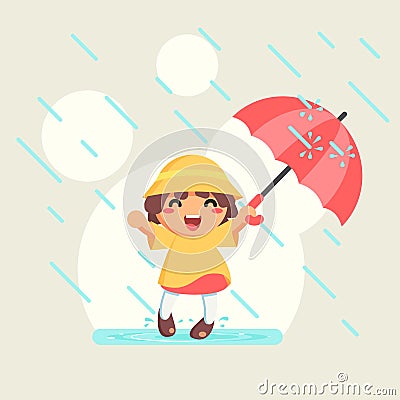 Happy cute Girl in raincoat with umbrella in autumn rainy season, illustration Cartoon Illustration